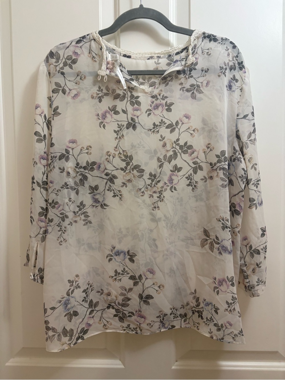 Sheer Cream Floral Lace-Trim Blouse - Picture 2 of 3